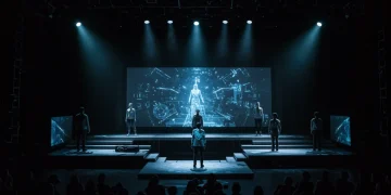 Futuristic stage design with holographic elements for US drama in 2025