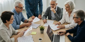 Group discussing 2025 health benefits enrollment documents and laptops