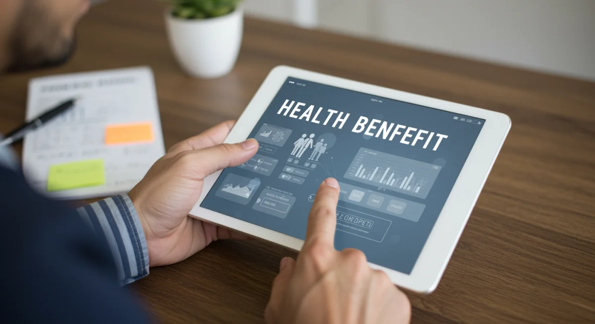 Individual navigating complex health benefits enrollment portal on a tablet