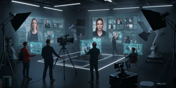 Advanced AI tools on a futuristic drama production set in 2025, showing crew interacting with virtual designs.