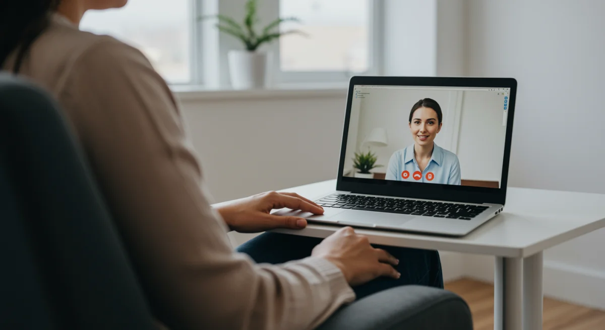 Person engaging in a confidential remote EAP counseling session via video call on a laptop.