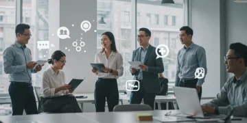 Employees collaborating in a modern office, representing a supportive workplace environment utilizing EAP benefits.