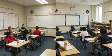 Split image comparing US public and private school classrooms in 2025