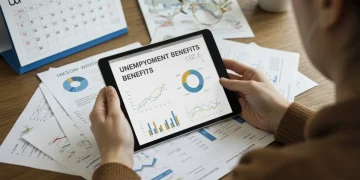 Person planning 2026 unemployment benefits on tablet