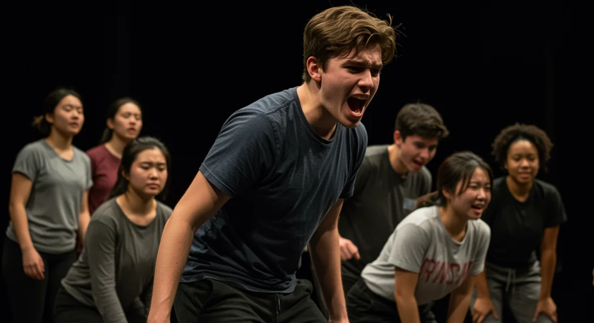 Young actors rehearsing an intense dramatic scene on stage, dedicated to their craft