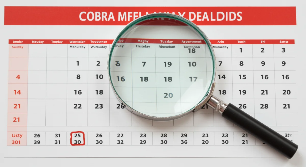 Calendar with highlighted COBRA enrollment deadlines and payment due dates