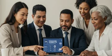 Professionals reviewing health insurance options on a tablet, understanding COBRA benefits