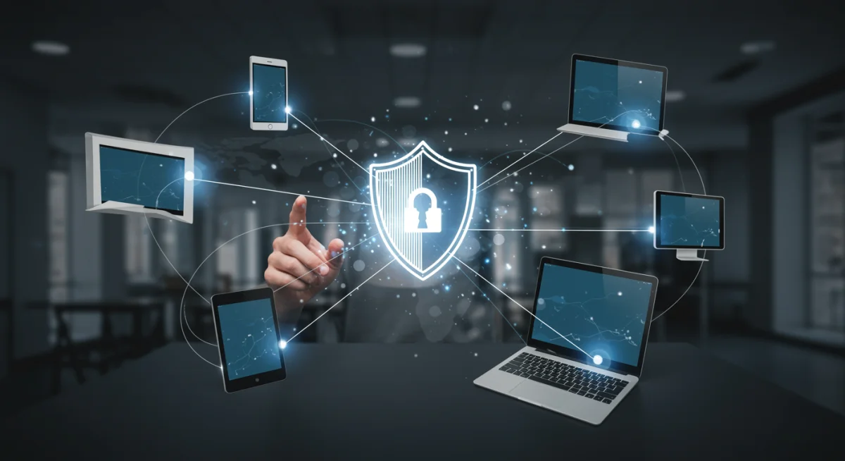 Digital devices connected by data flows with a privacy shield icon