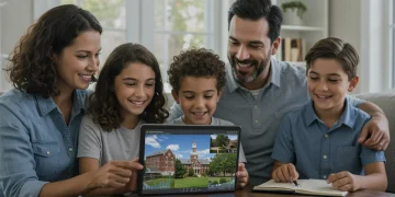 Family planning college savings with 529 plan information on a tablet