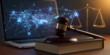 Gavel on law book with digital network symbolizing Supreme Court digital rights ruling