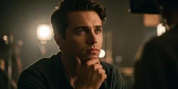 Young actor with intense gaze, dramatic lighting, symbolizing rising star potential