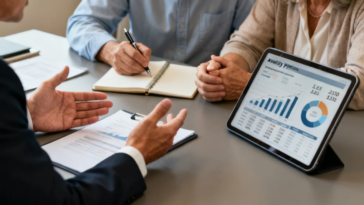 Financial planner discussing 2026 annuity options with a couple, highlighting personalized retirement income strategies.