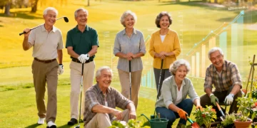 Happy retirees enjoying leisure activities, symbolizing secure retirement income planning with 2026 annuity options.