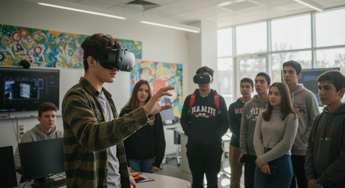 High school student using virtual reality for project presentation in class.