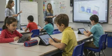 Students engaged in collaborative learning with technology in a modern classroom setting.