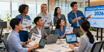Professionals comparing 2026 employee benefits packages at a modern office table.