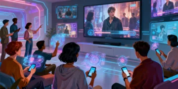 Viewers engaging interactively with a 2026 drama, using futuristic screens and devices