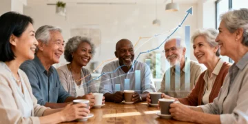 Older adults discussing 2026 Social Security benefits amidst financial charts