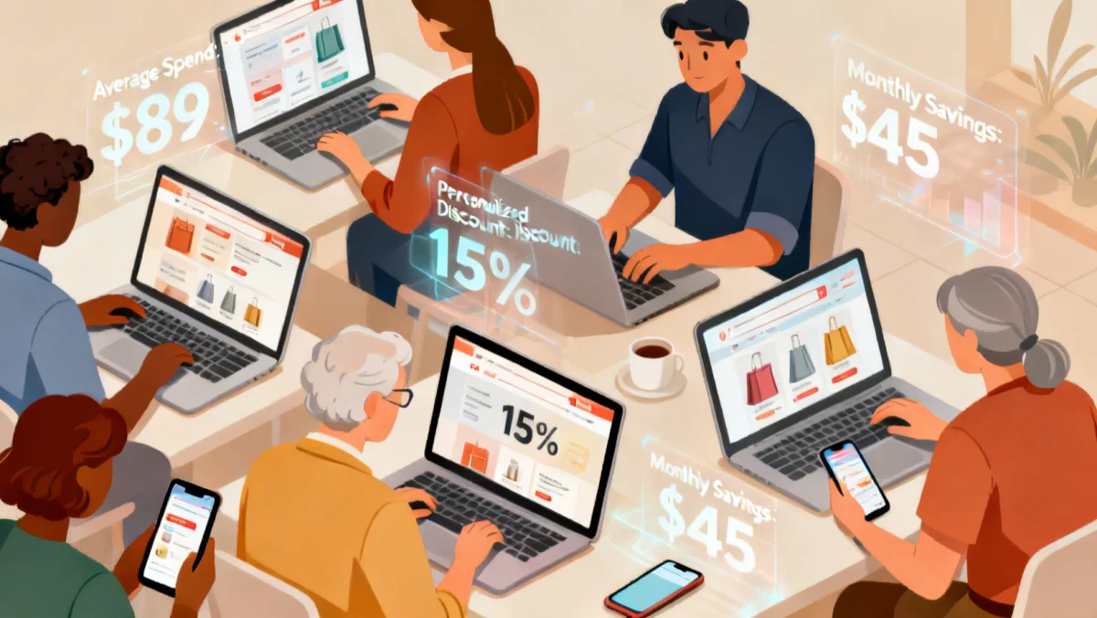 Consumers using different devices for online shopping, highlighting personalized digital retail experiences.