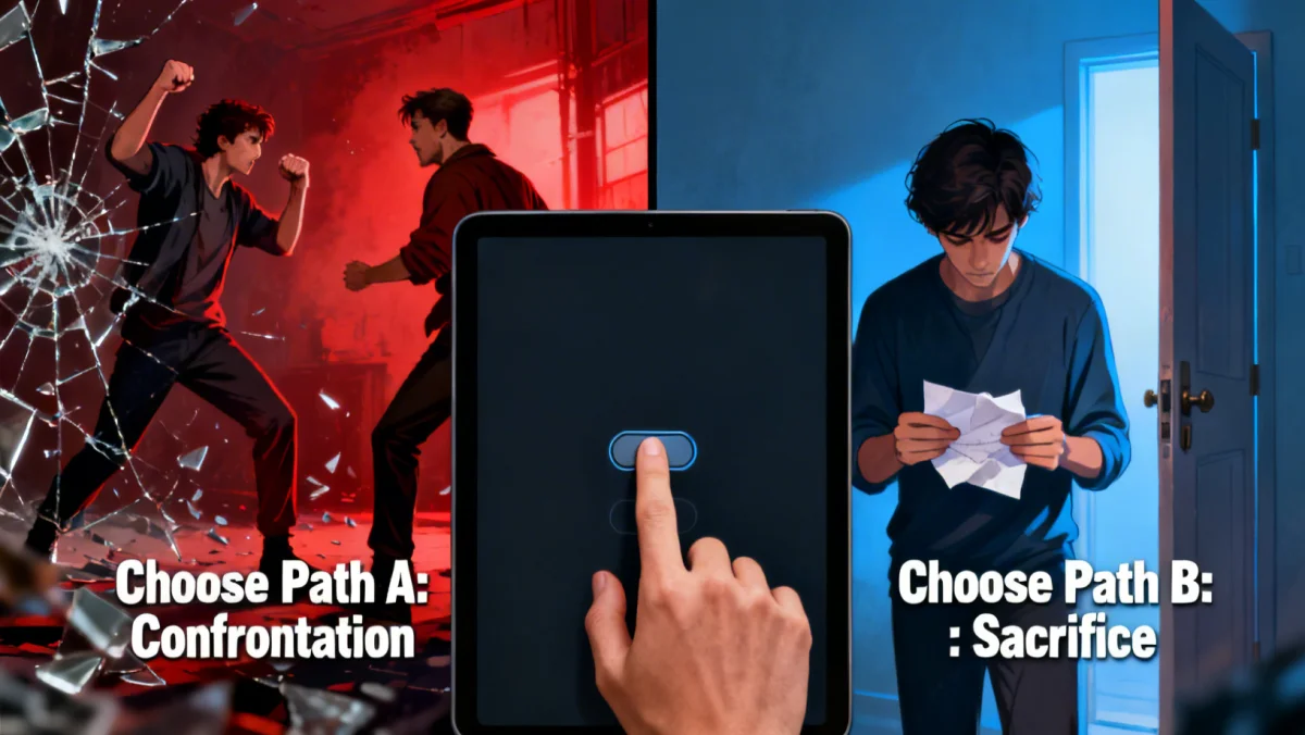 Interactive drama choices displayed on a screen, showing divergent narrative paths