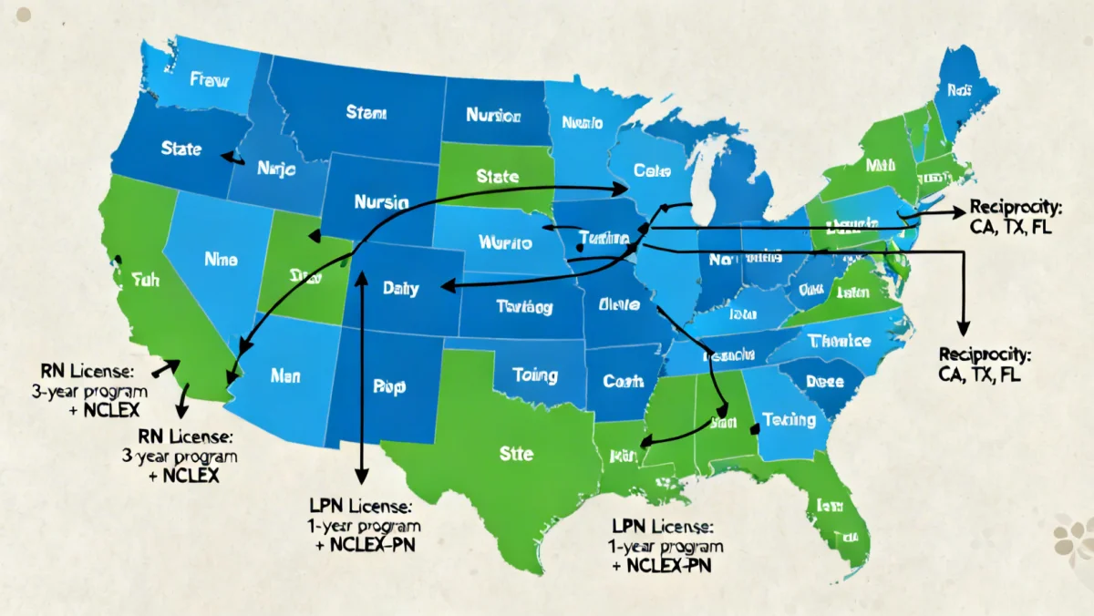 Infographic illustrating state-specific teacher certification requirements and reciprocity across the US.