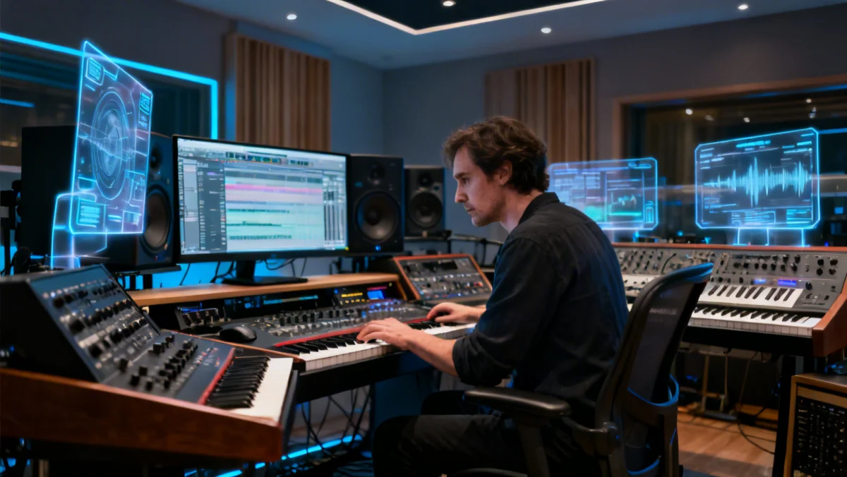 Composer working on a drama soundtrack with advanced technology