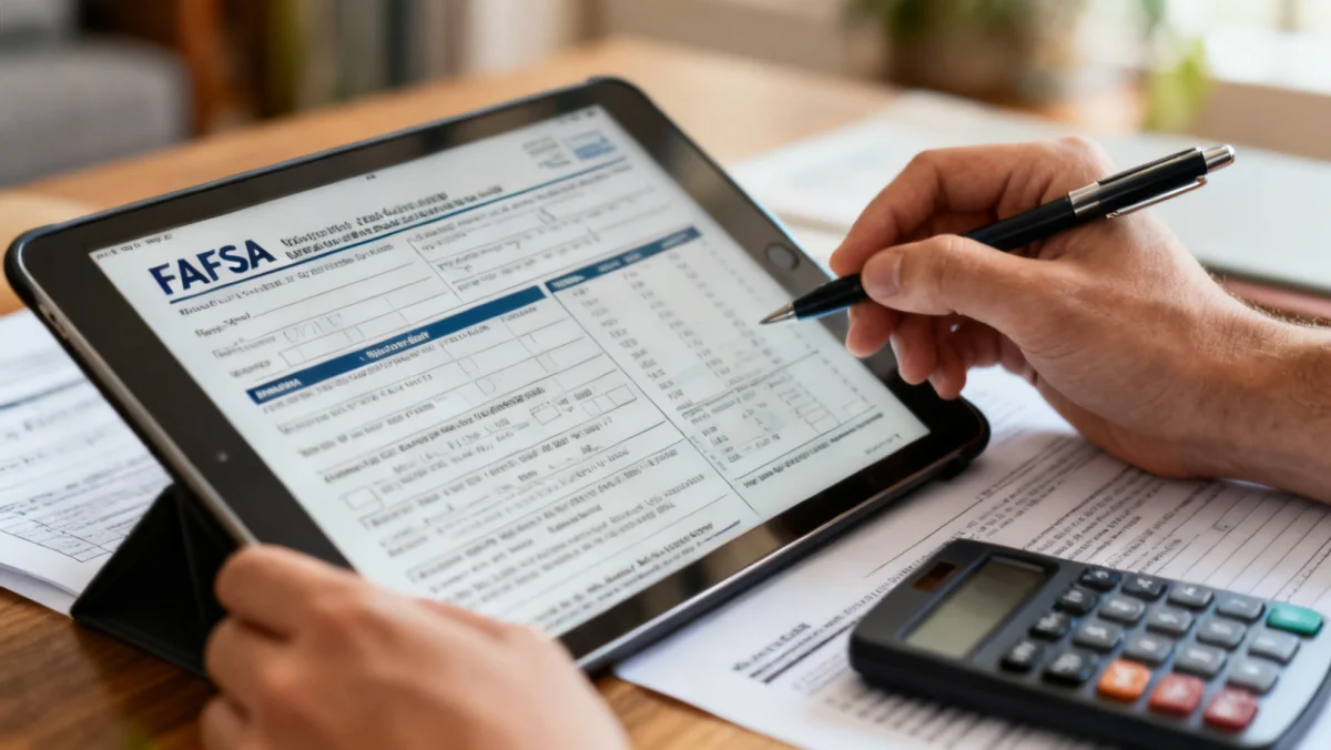 Hands completing a FAFSA application on a tablet, with a calculator and pen, symbolizing the financial aid application process.