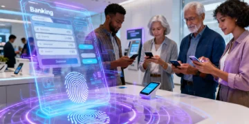 Futuristic digital banking interface with biometric security and convenient mobile access for U.S. consumers.