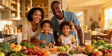 Happy family with young children enjoying healthy food, representing WIC benefits