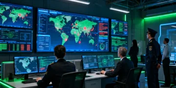 High-tech command center displaying global security threats and data analysis.
