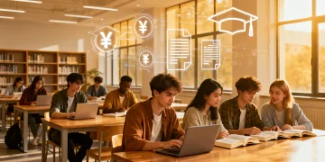Diverse students studying, discussing, and using laptops in a modern university library, representing the pursuit of education with financial aid support.