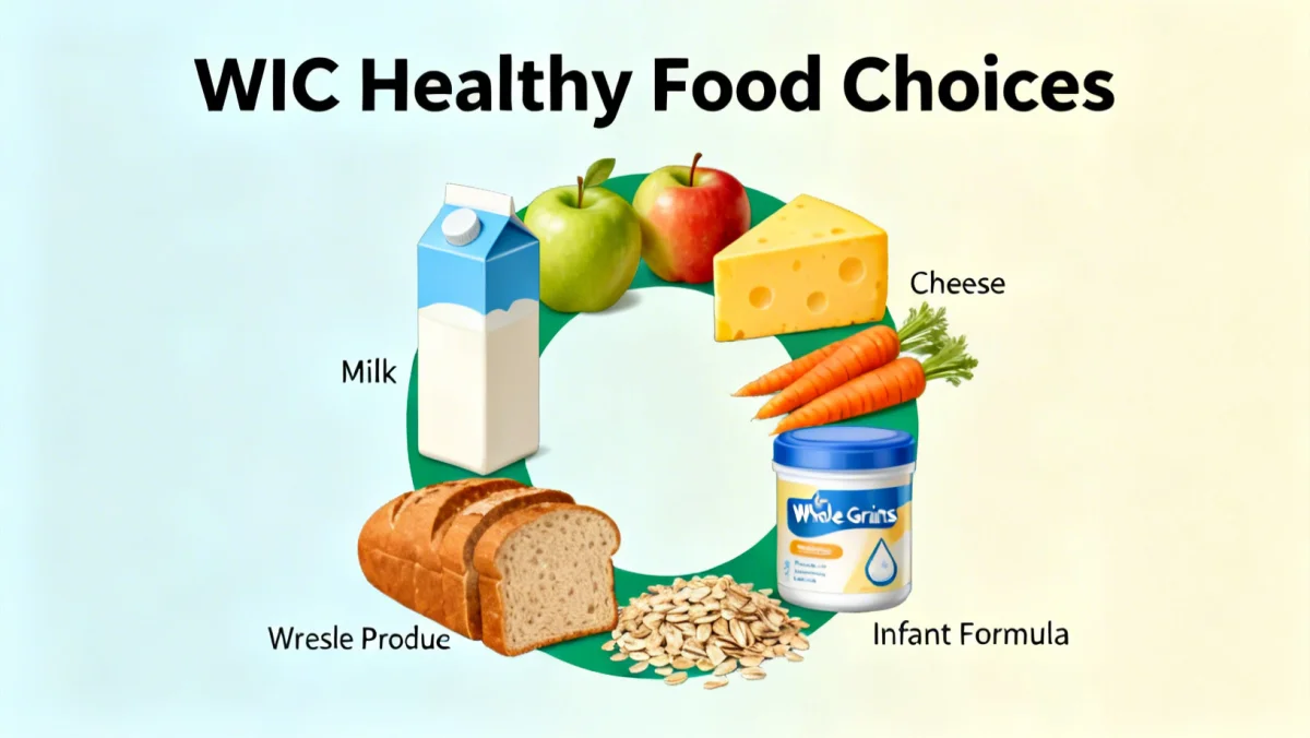 Illustration of diverse healthy foods available through the WIC program