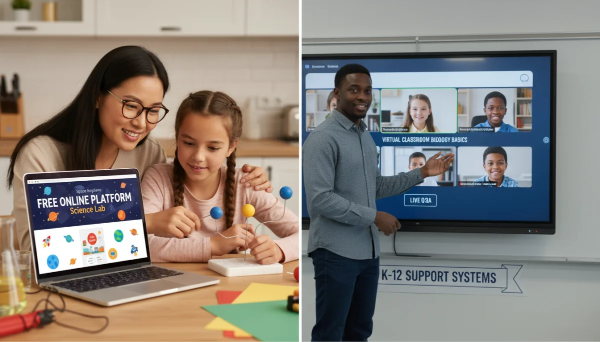 Parent and child learning together with a free online resource, with a virtual teacher in the background.