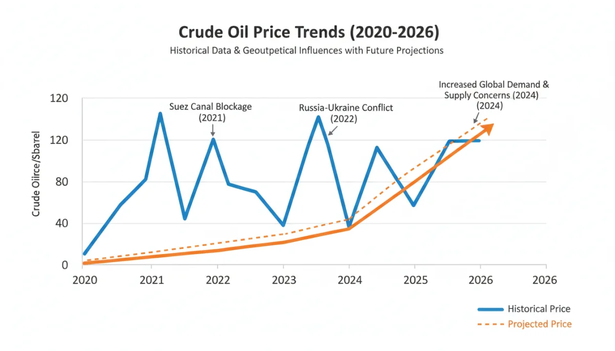 Chart showing historical and projected crude oil prices 2020-2026