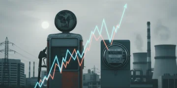 Gasoline pump and electricity meter with rising financial graphs