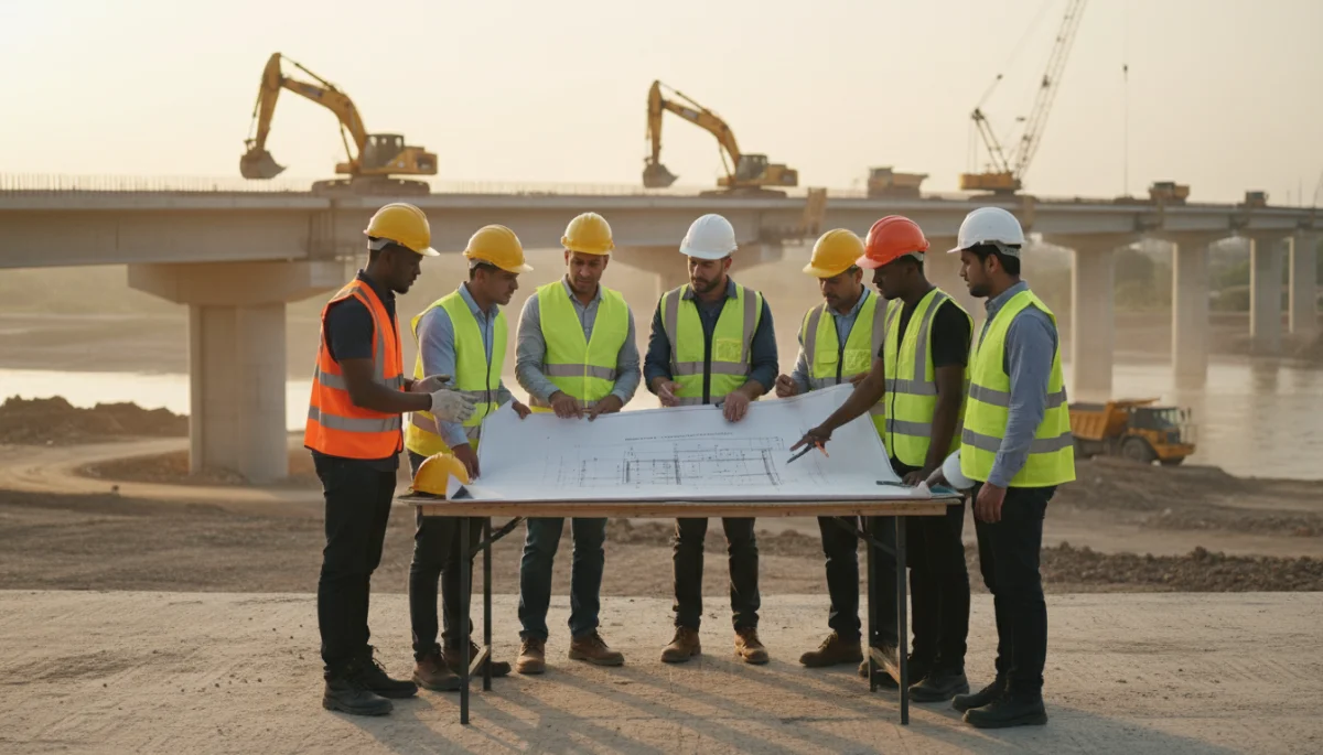 Construction workers reviewing blueprints at a bridge project, symbolizing infrastructure development.