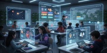 Diverse K-12 students using tablets and interactive screens with educational apps in a modern classroom setting.