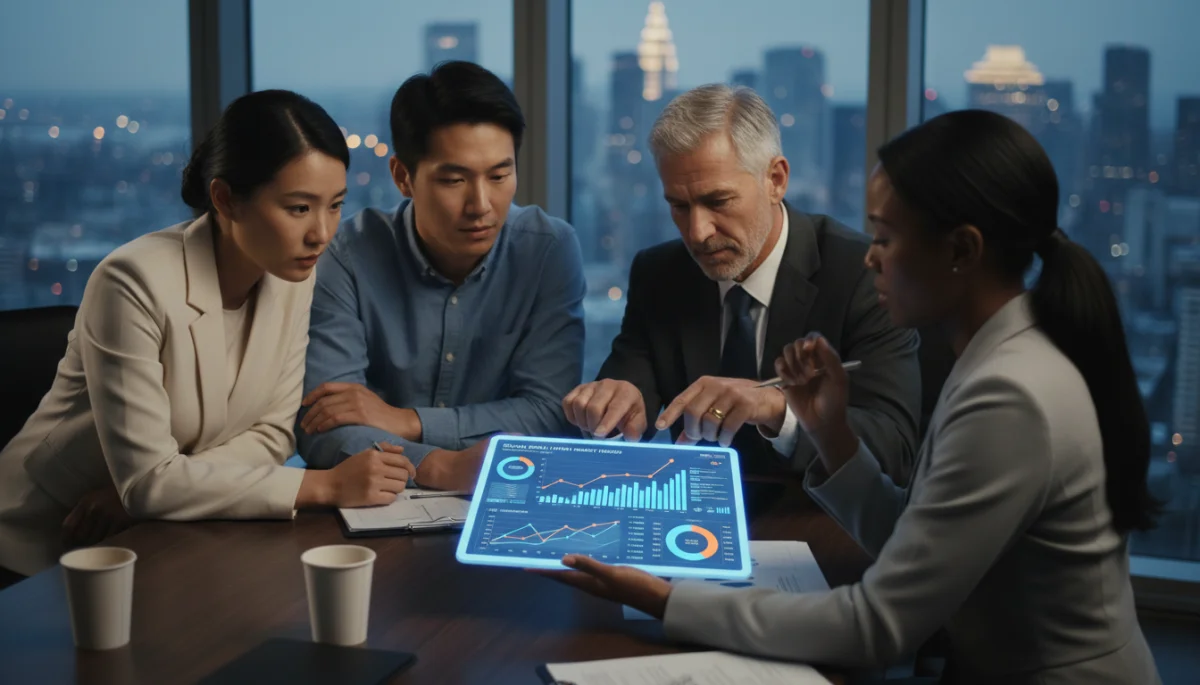Diverse group analyzing real estate market data on a tablet, signifying investment strategy.