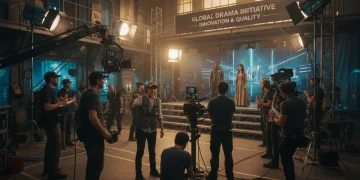 Filmmakers and actors on a busy set, representing increased drama production budgets and quality.