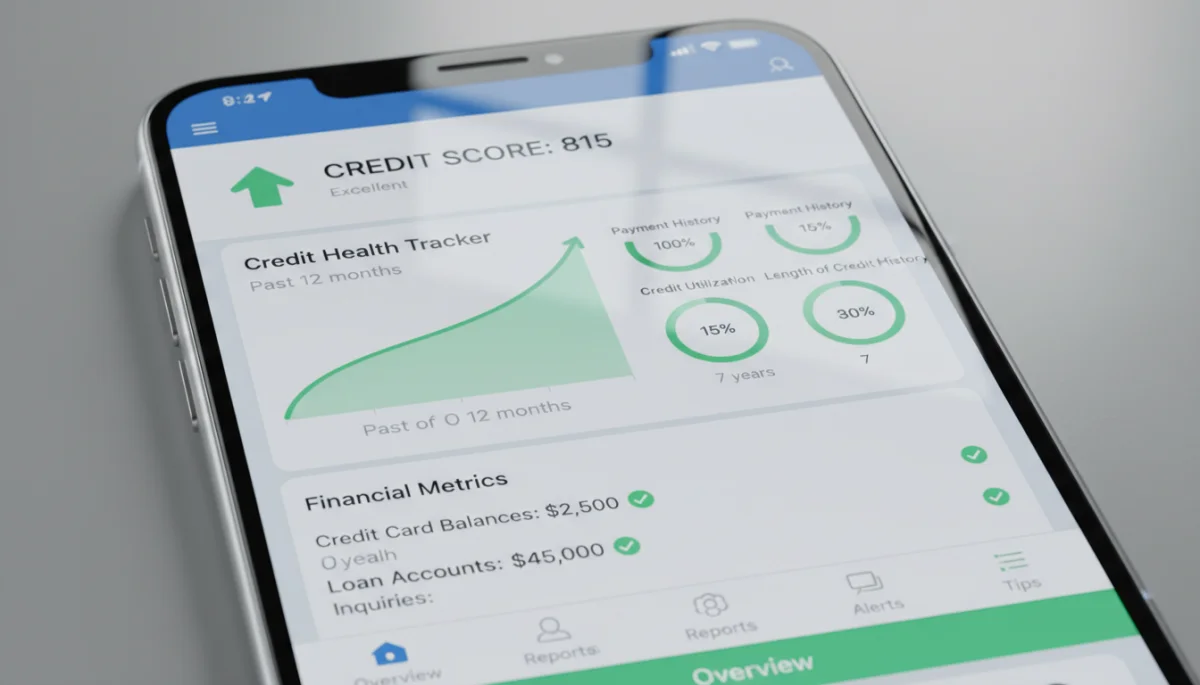 Smartphone displaying credit monitoring app with positive financial metrics