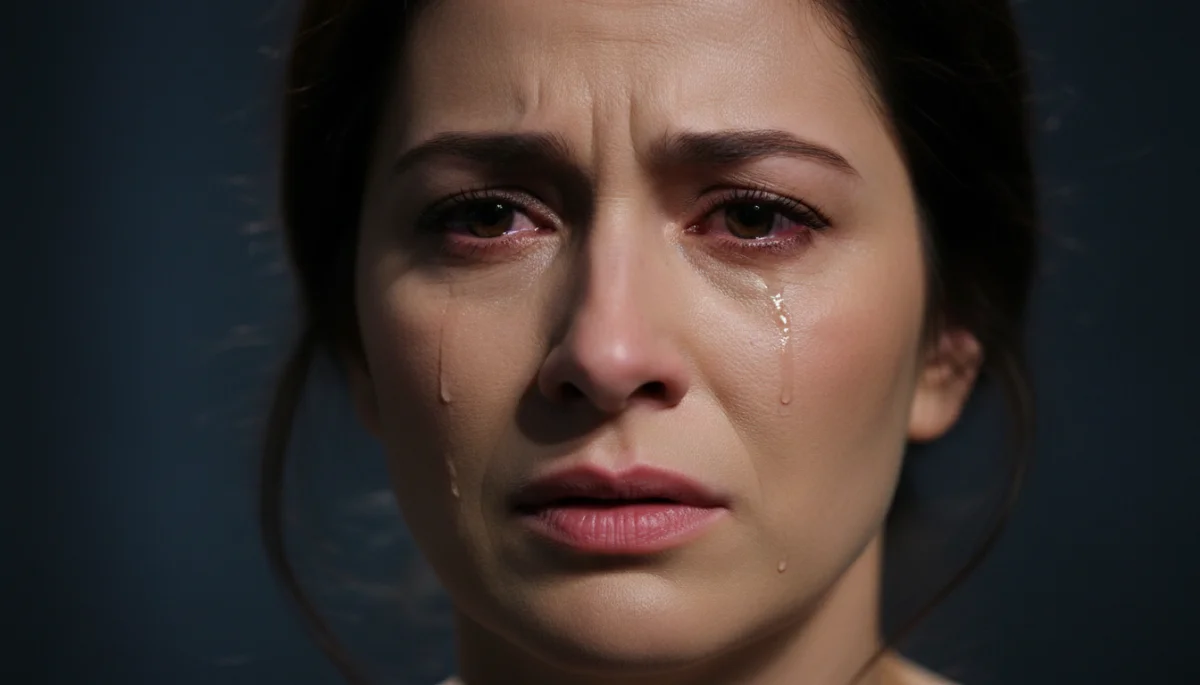 Actress showing profound emotion in a dramatic scene, capturing the essence of a powerful performance.