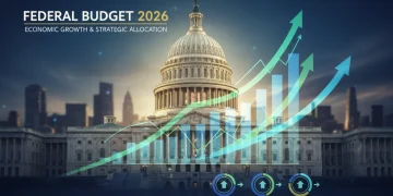 US Capitol with financial charts representing Federal Budget 2026 allocations