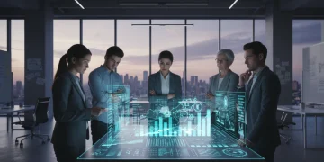 People analyzing financial data and economic forecasts on a holographic display, strategizing for 2026.