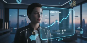 Futuristic financial dashboard showing improved credit score graph for 2026