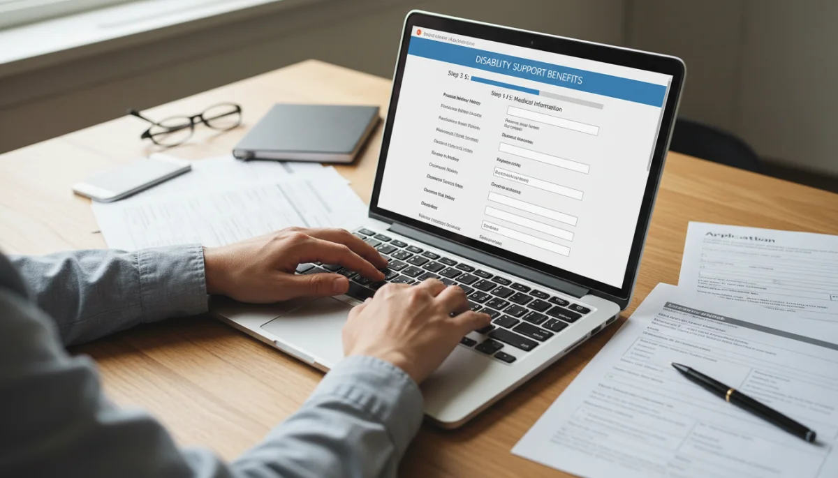 Person applying for disability benefits online on a laptop