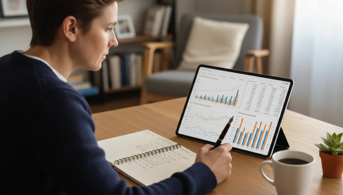 Individual reviewing personal financial statements and investment portfolios on a tablet at a home office.