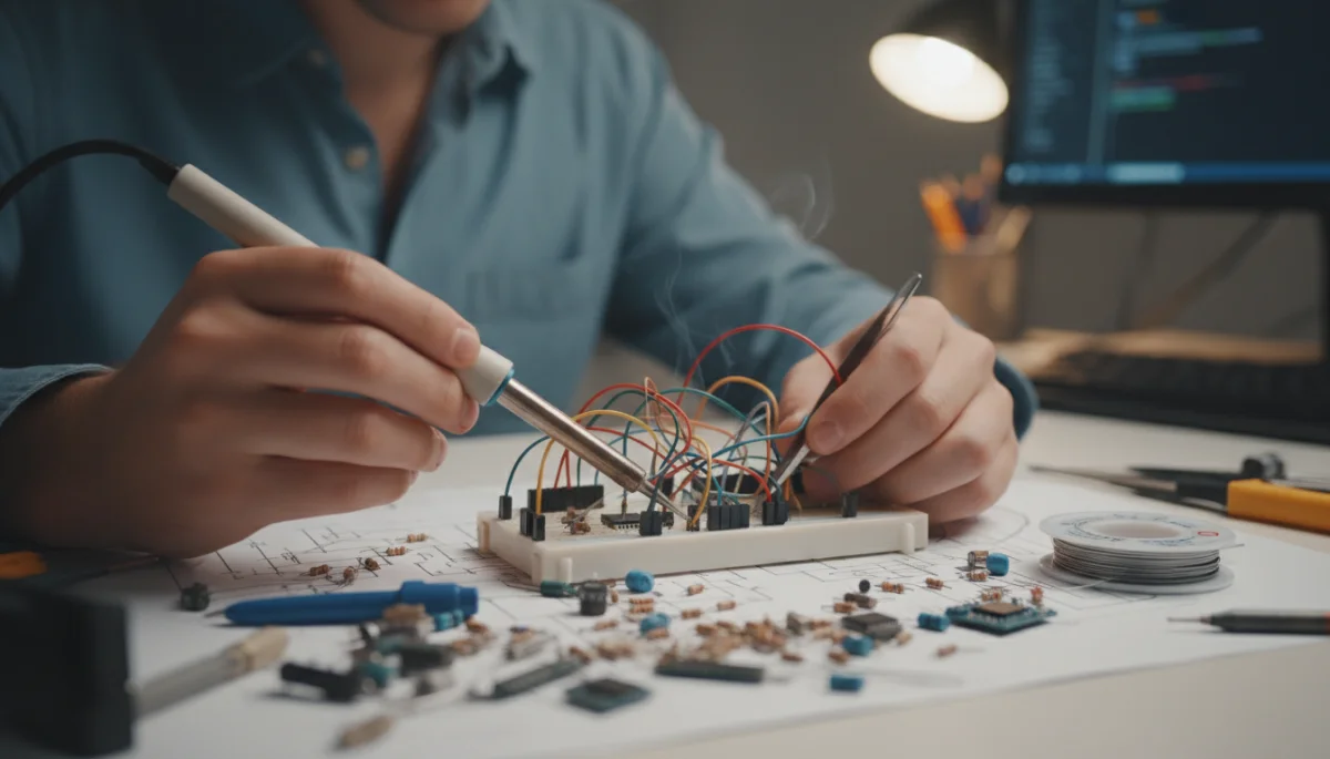 Student's hands working on a circuit board in a hands-on STEM activity.
