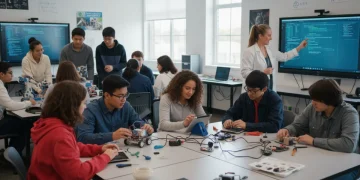 Students collaborating on a robotics project in a modern STEM classroom in 2026.