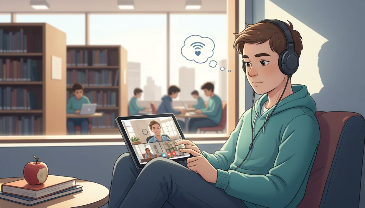 Student engaging in virtual mental health therapy on a tablet
