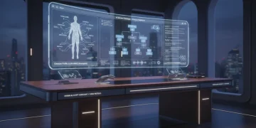 Futuristic AI screenwriting interface with character profiles and plotlines, 2026